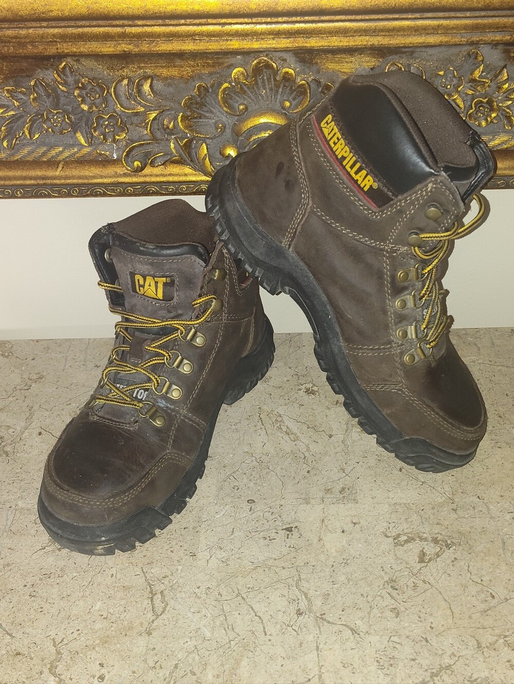 Caterpillar Steel Toe Brown and Black Men's Work Boots with Yellow Accents